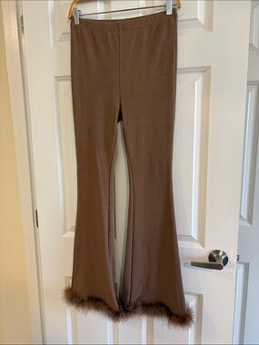 Brown Flare Pants with Feather Trim